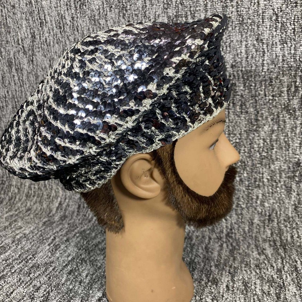 Vtg Saks Fifth Avenue Black Sequin Beret Hat Silver Metallic Slouchy Newsboy